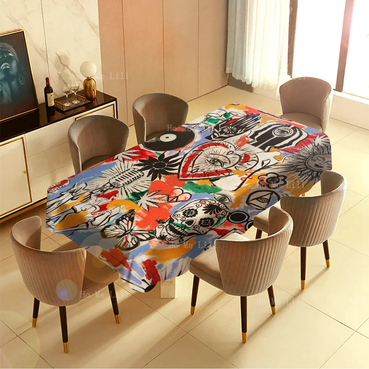 Woodstock Lifestyle Disco Ball Gold Psychadelic Sugar Skull Carnival Boho Style Polyester Fabric Tablecloth