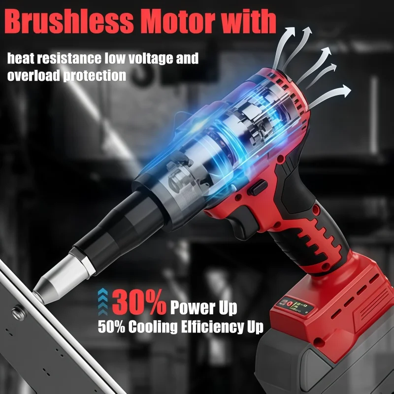 For Milwaukee 18V Battery Wireless Brushless Rivet Gun, 3.2-4.8mm Nut Riveter Automatic Riveting Insertable Power Tool