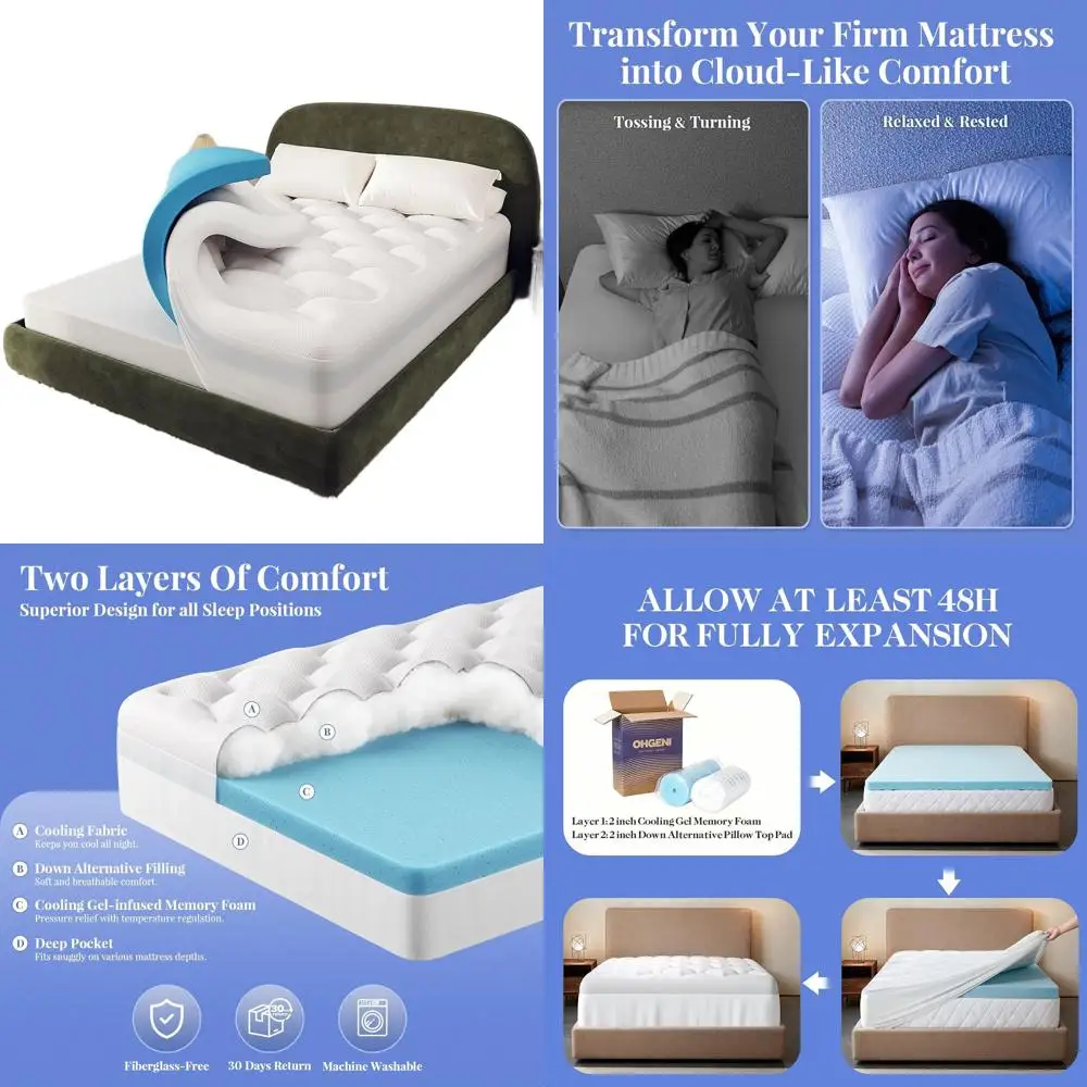 Adorno de colchón enfriador de doble capa tamaño Queen 4 con 2 espumas de gel y parte superior de almohada, soporte medio, se adapta a colchones 6-19