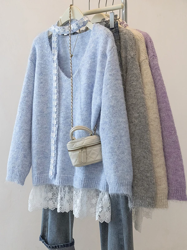 Lace Splicing Fake Two-Piece V-Ne Knitted Sweater Women's Autumn Winter New Large Size Beautiful TopMM plus Size Faion