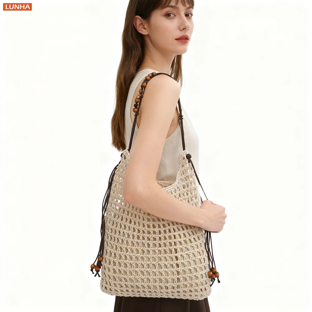 

Женские сетчатые вязаные крючком хлопковые сумки на плечо, летняя сумка на ремне в богемном стиле, просторная складная сумка
