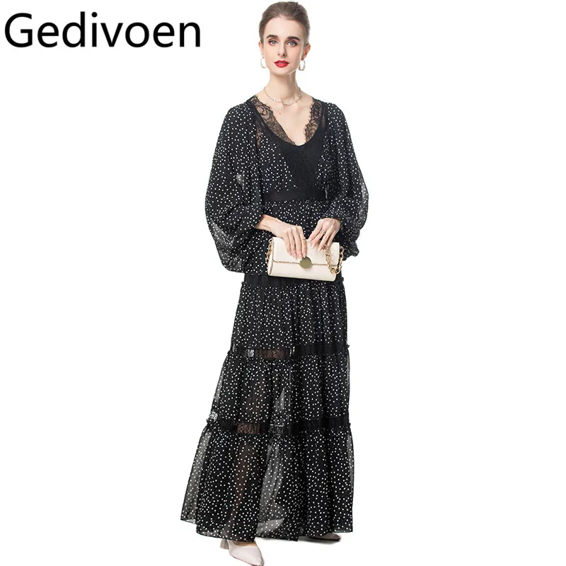

Gedivoen Fashion design Women's Dress V-Neck Lace Splicing Lantern Sleeved Hollow Out Dot Print Mixi Big Swing Dresses