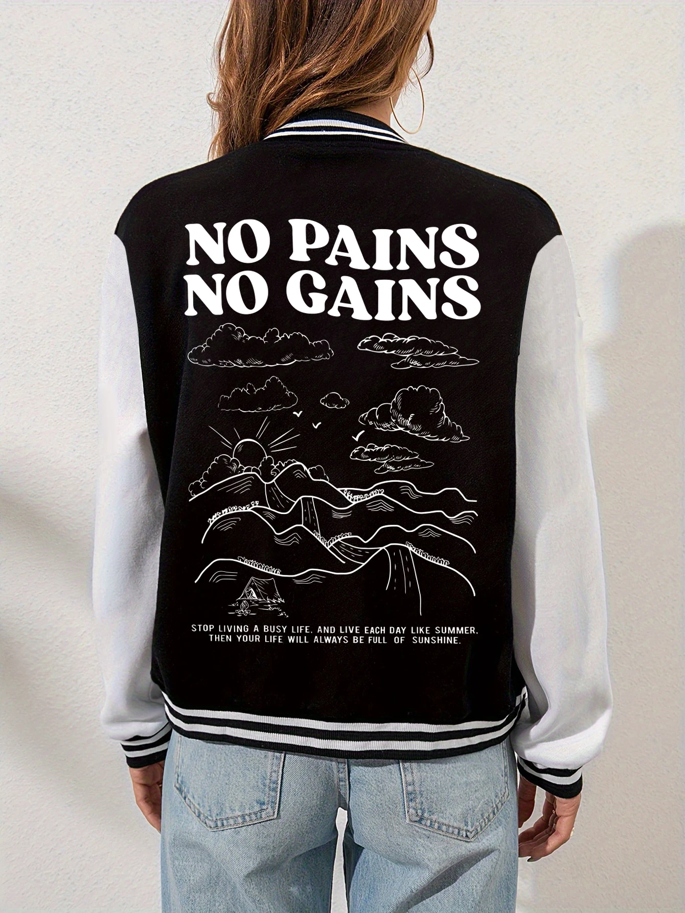 No Pains No Gains Positive Energy Prints Baseball Jersey Female Fashion Button Top Vintage Loose Jacket Fleece Soft Sportswears