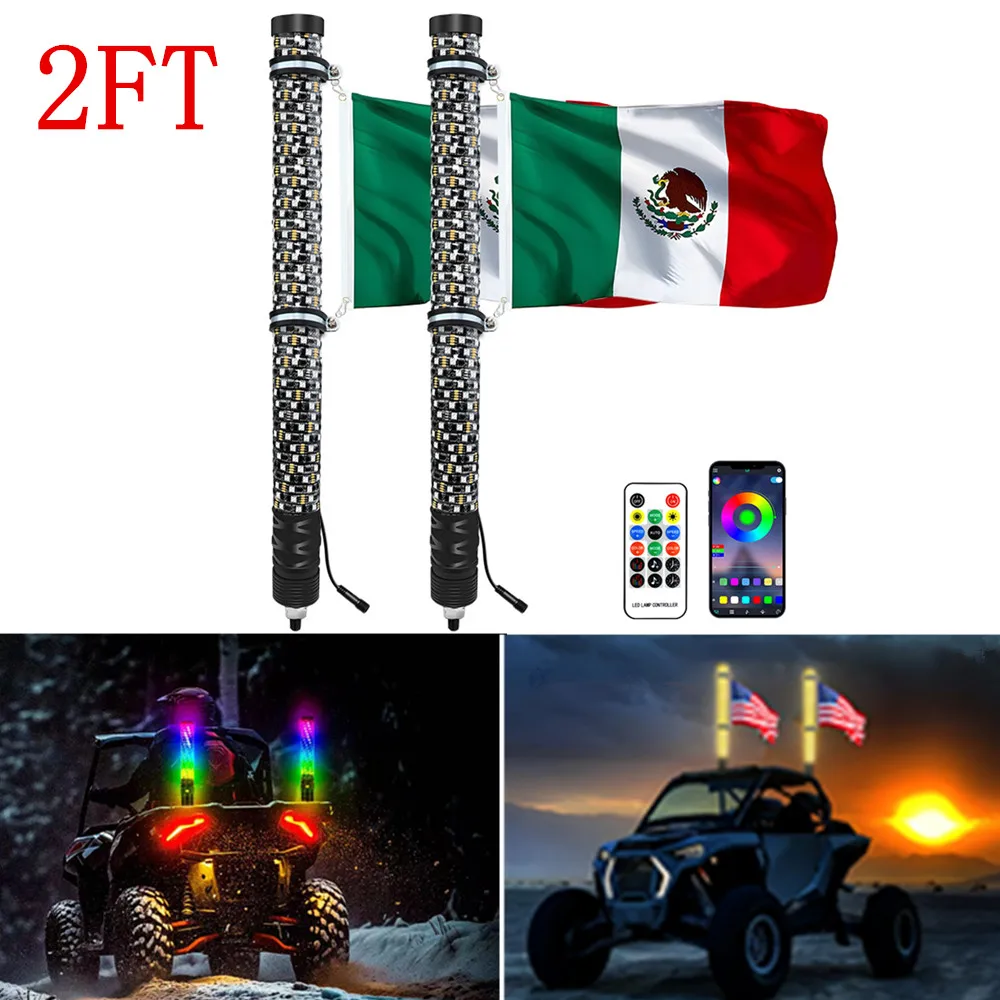 Feiba Flagpole Light 2FT LED Whip Lights With LED Light Flag App Remote Control Flagpole Antenna Whips for ATV RZR UTV Flagrod