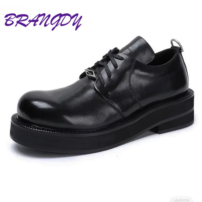 

BRANGDY Trendy Leather And Cowhide Big Toe Shoes For Both Men And Women Black Round Toe Thick Soled Leather Shoes Casual Shoes