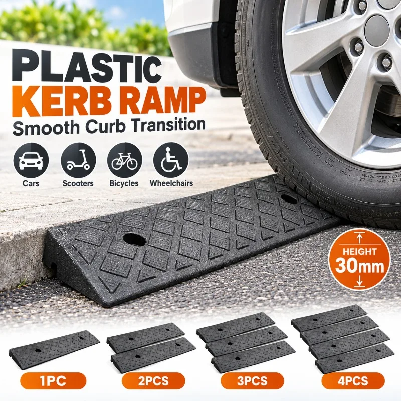Non-Slip Plastic Kerb Ramp 30mm High Threshold Curb Ramp for Cars Bikes Wheelchairs, Smooth Driveway Garage Access, 1-4PCS