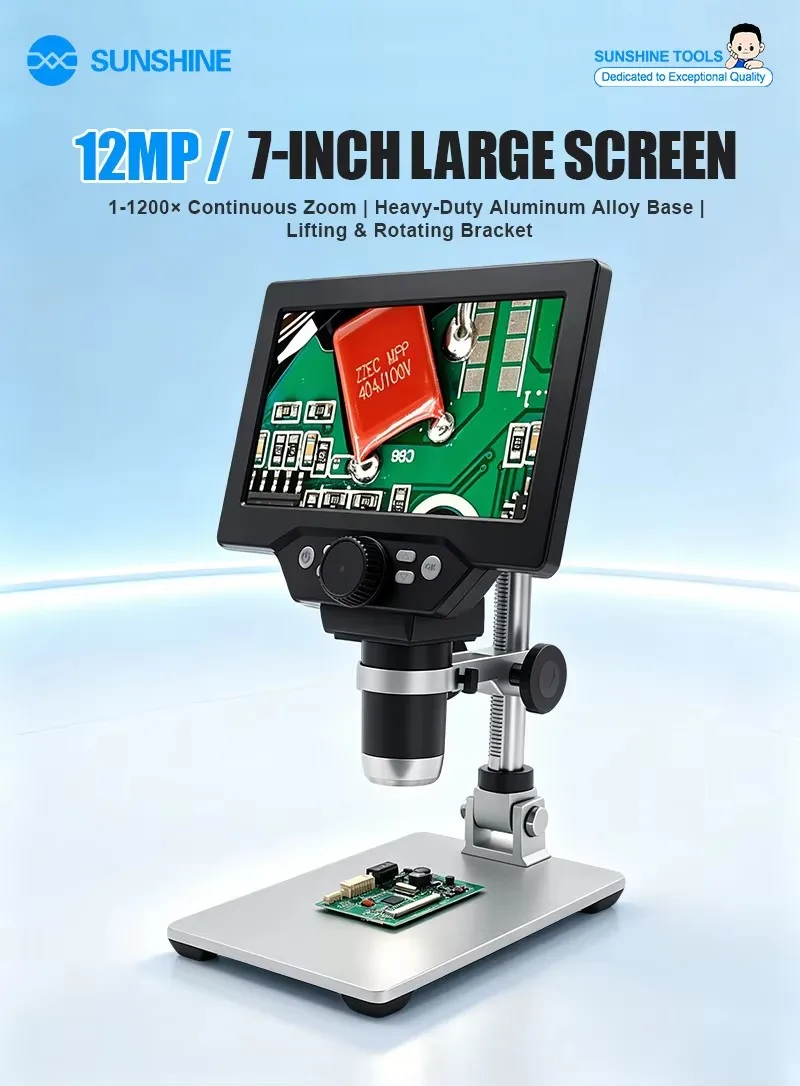 SUNSHINE DM-1200D 7 Inch HD Digital Microscope 12MP 1-1200X Zoom with Lifting Bracket for PCB Phone Motherboard Soldering Repair