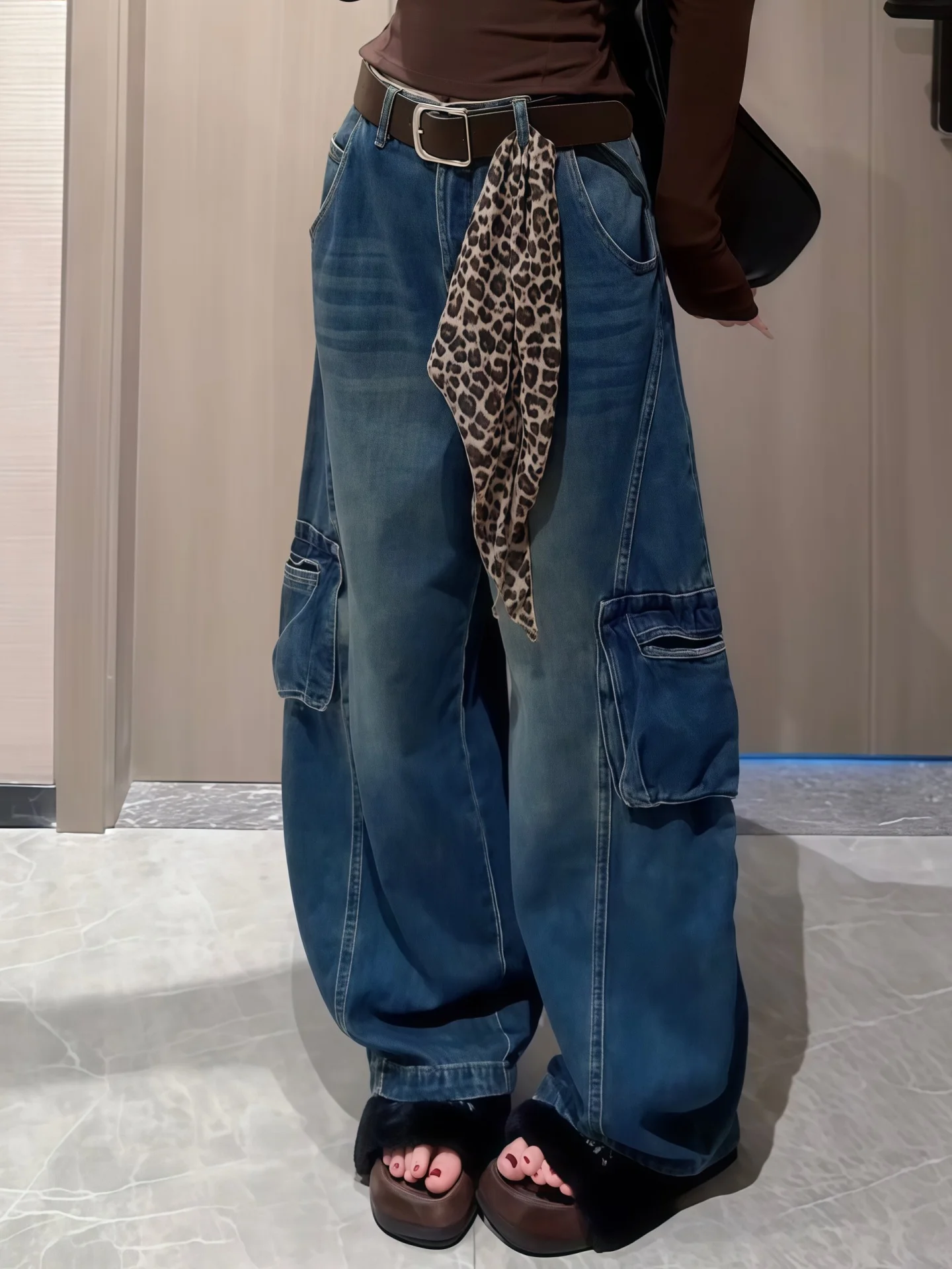 

American Retro High Waist Wide Leg Jeans Women's Loose Fit Knife ket Denim Pants Spring Autumn Season Cotton Blend