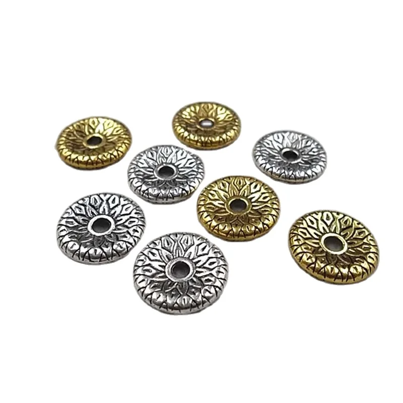 30pcs/lot Flat Round Carved Metal Spacer Beads 12x2mm Antique Gold Color Beads Charms Receptacle DIY Beading Jewelry Making