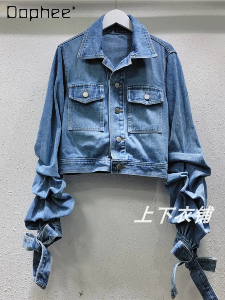 

Blue Jean Jacket Woman Butterfly Design Cuff Washed Denim Jackets 2024 Autumn New Blue Color Lapel Single Breasted Short Coat