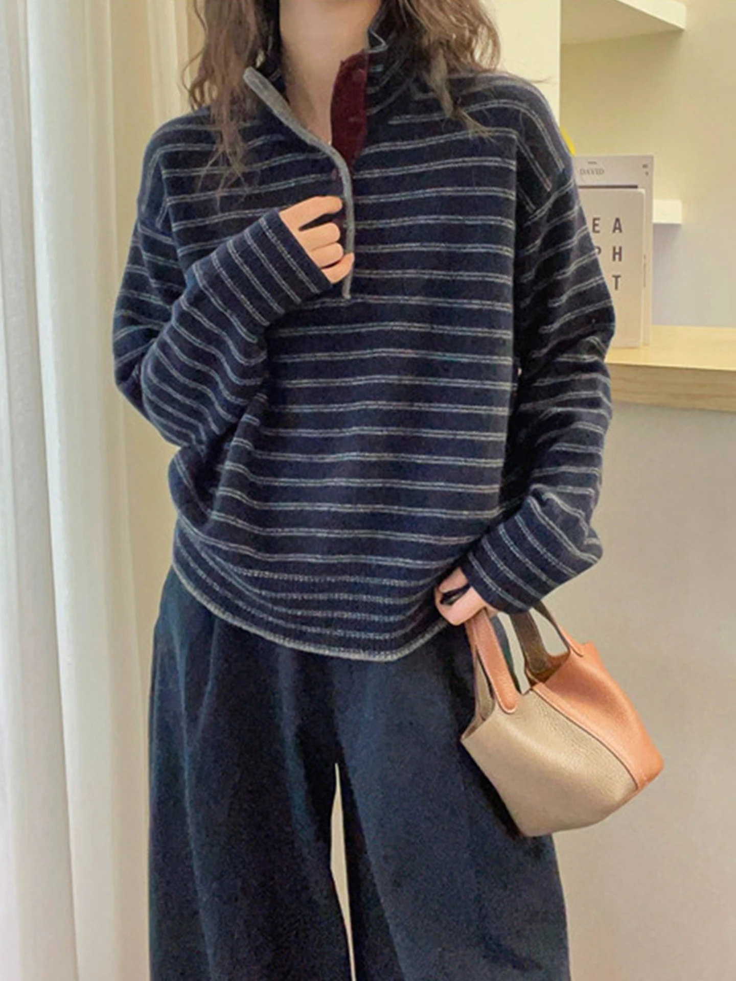 

Утягивающий полосатый свободный крой, трикотаж Camere Lazy Sle Long Sve, зимний свитер для поездок на работу, корейская версия, обычный тонкий