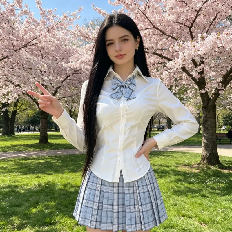 

Japanese Girls' College Uniform Set, Waist Cinching Cut, Slimming White Shirt, Plaid Pleated Skirt, Student Uniform Set