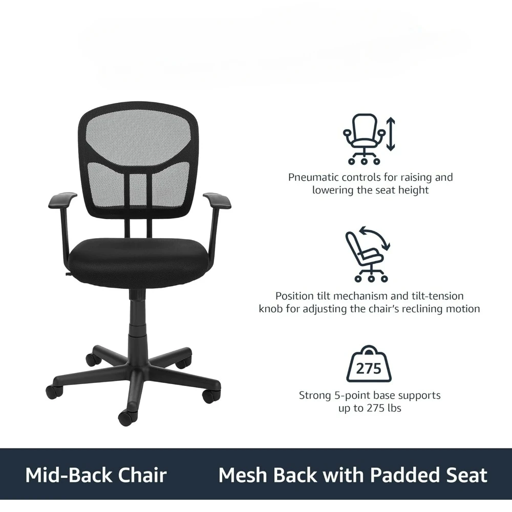 Office chair.Mesh Mid-Back Adjustable-Height 360-Degree Swivel Office Desk Chair with Armrests, Lumbar Support and Easy Assemble