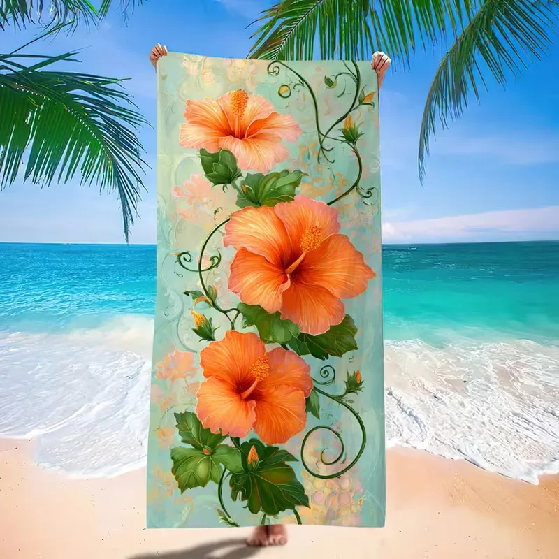 Watercolor Orange Hibiscus Tropical Flower Vine Print Beach Towel Sand Resistant Quick Dry Towel Hawaii Style for Beach