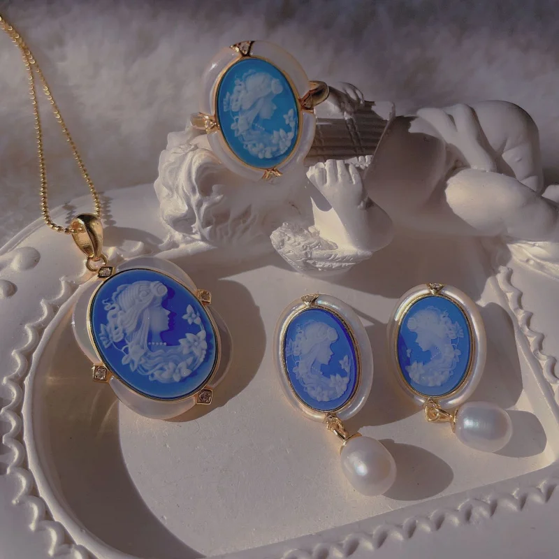 

s925Silver inlay Entirely Silver Inlaid Agate Cameo Pendant Ring Earrings