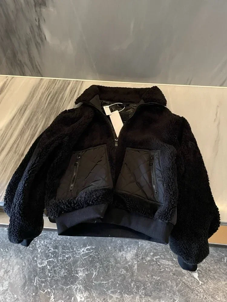 2026 Autumn and Winter Jackets for Women Black Stand Collar Warm Lamb Wool Coat Women Fashion Thickened White Loose Jacket Women