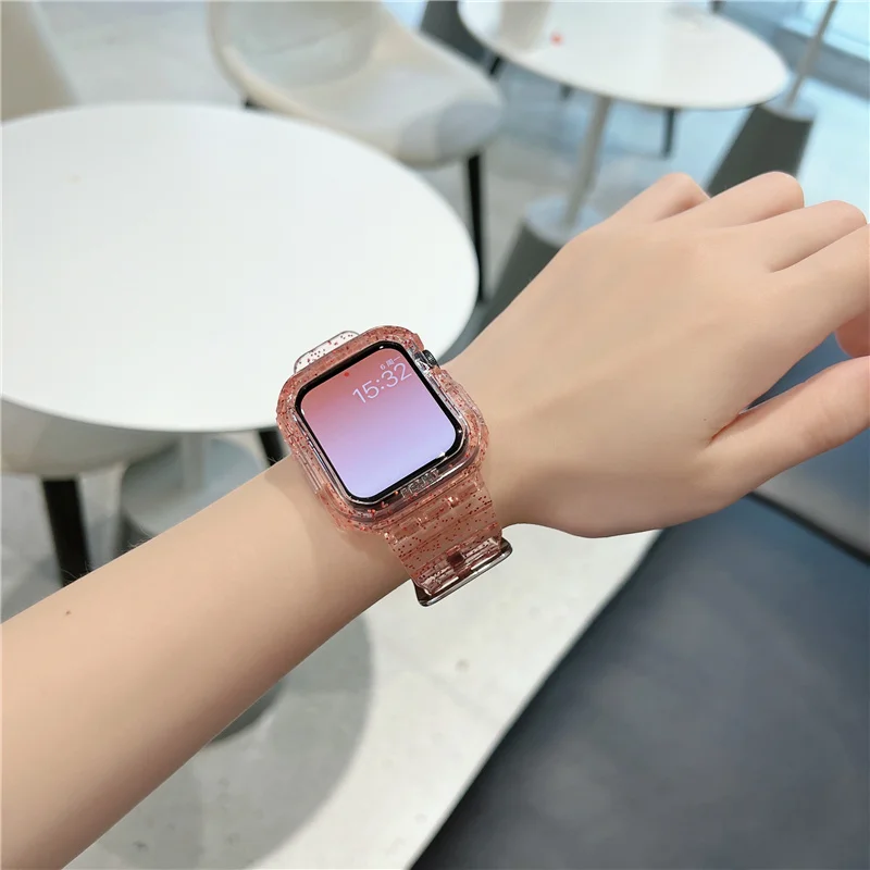 Glitter Clear Plastic Band For Apple Watch 41mm 45mm 44 42mm Fashion Sports Wristband For IWatch 8 7 6 SE 5 4 3 Accessory Strap