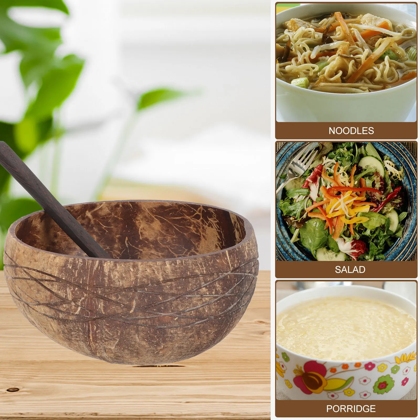 Juego de cuchara y tazón de coco, dispositivo para uso doméstico en restaurante, ensalada, sopa, almacenamiento de arroz, cocos, tazón de comida, cocina, 1 Juego