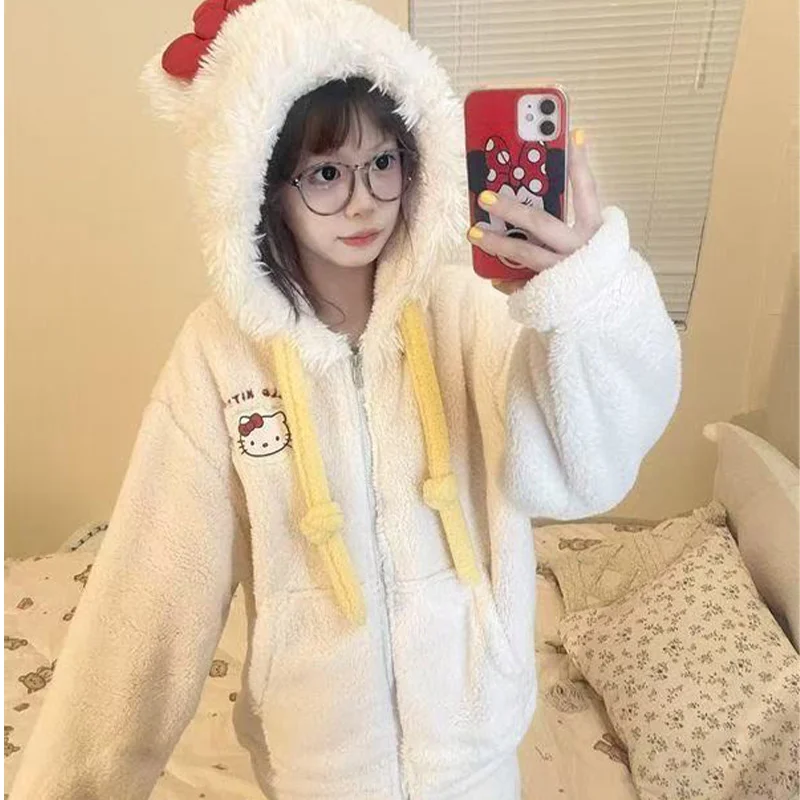 Kawaii سانريو الكرتون مرحبا كيتي مقنعين بيجامة من الصوف الفتيات الشتاء Homewear مع بطانة الصوف سميكة للدفء لطيف هدية #3