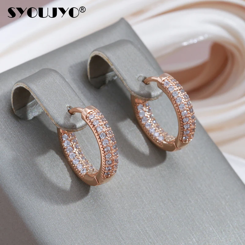 SYOUJYO Simple Trendy Hoop Earrings For Women White Natural Zircon 585 Rose Gold Color Earring Classic Wedding Fine Jewelry