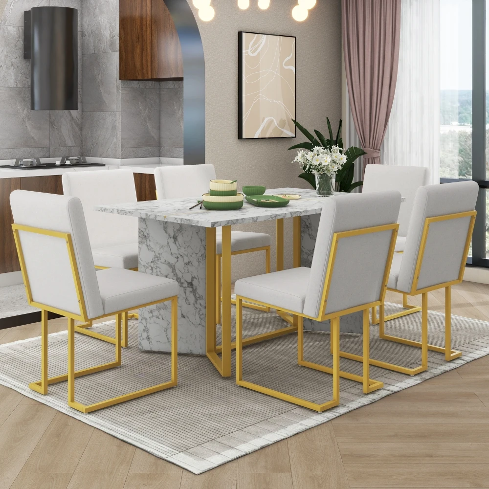 TREXM 7-Piece Modern Dining Table Set, Artificial Marble Sticker Tabletop and 6 Upholstered Linen Chair All with Golden