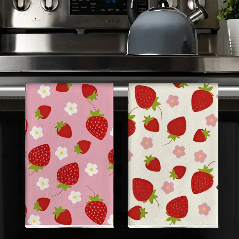 2Pcs, Pink and White Strawberry Flower Kitchen Towels, 40Cm*60Cm Towel Set, Super Absorbent Soft Cleaning Cloth, Cooking and Baking Tea Towel, Hand Towel, Cleaning Cloth, Dishwashing Cloth, Kitchen Decoration, Living Room Decoration, Kitchen Essentials, Home Essentials