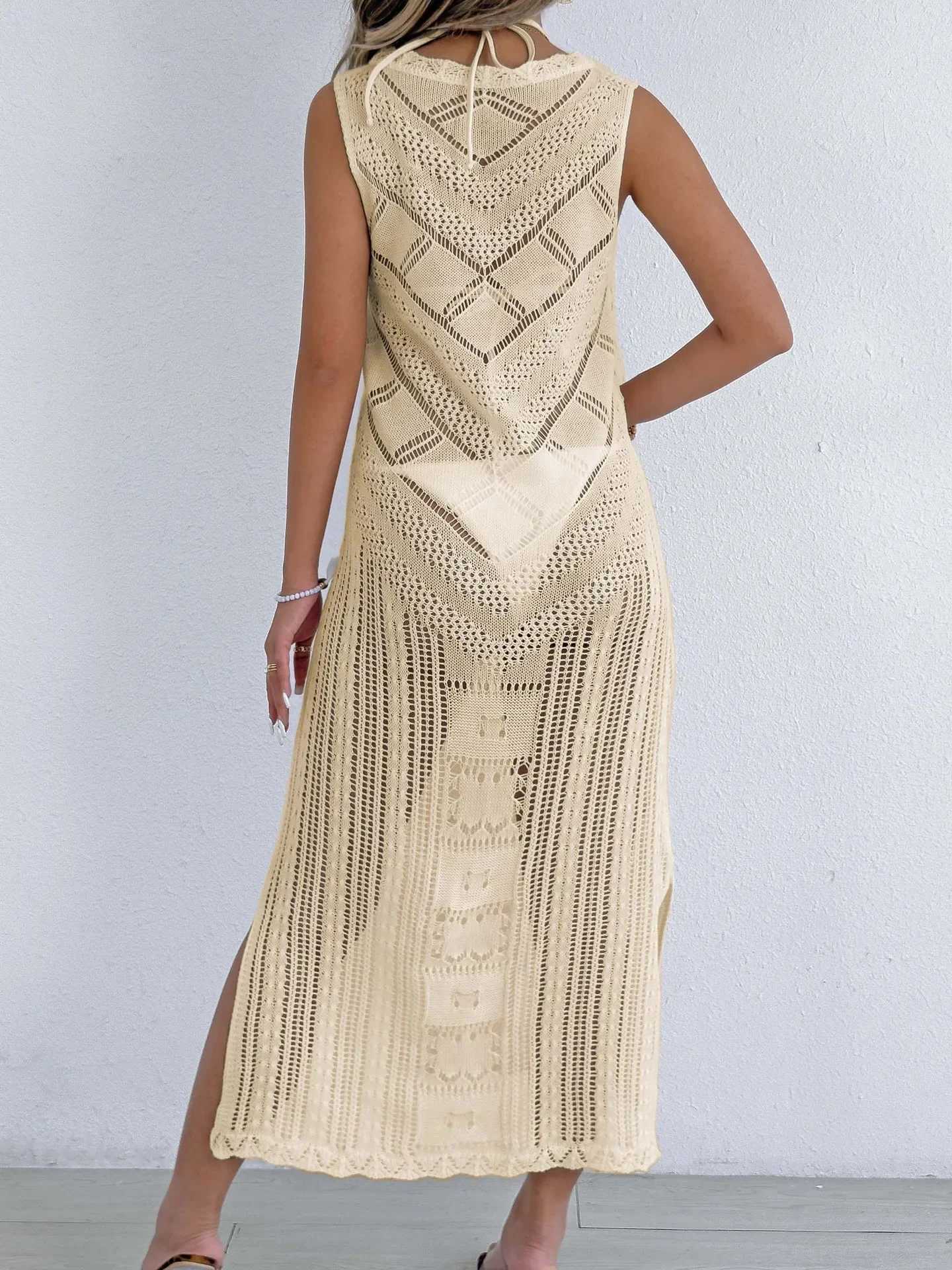 المرأة بيكيني للشاطئ بلوزة مثير جوفاء المنسوجة قميص سترة تنورة مجموعة 2025 موضة جديدة فستان عطلة الملابس #4