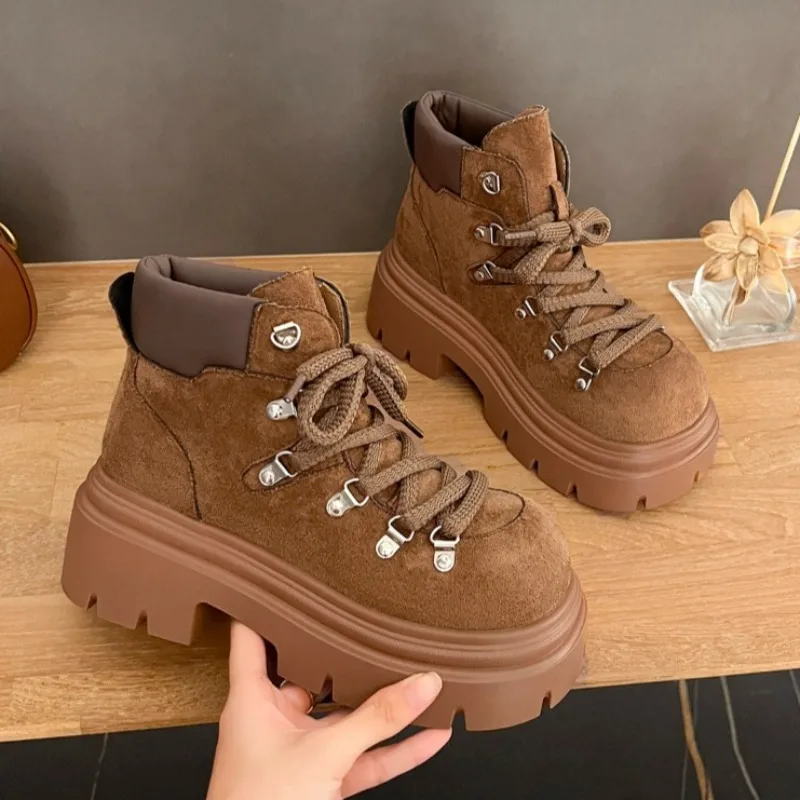 Lace Up Women's Mid Heels Ankle Boots Fashion Platform Winter New Shoes 2025 Designer Classical Short Boots Casual Cozy Sneaker