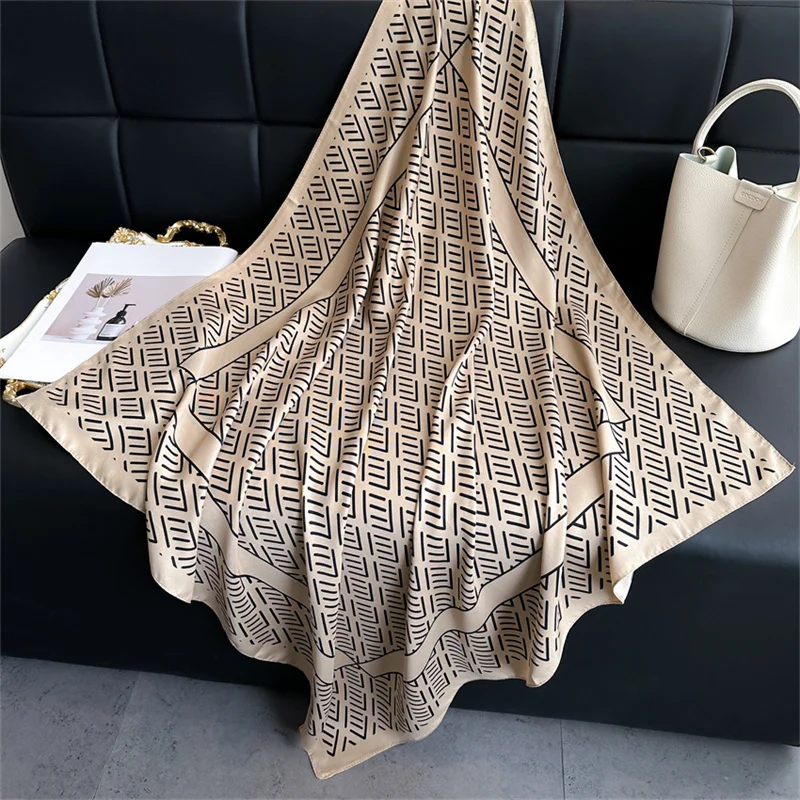 French Light Luxury Letter Print Silk Scarf 90cm Twill Scarf Advanced Simple Large Square Scarf Sunscreen Shawl Headscarf Female