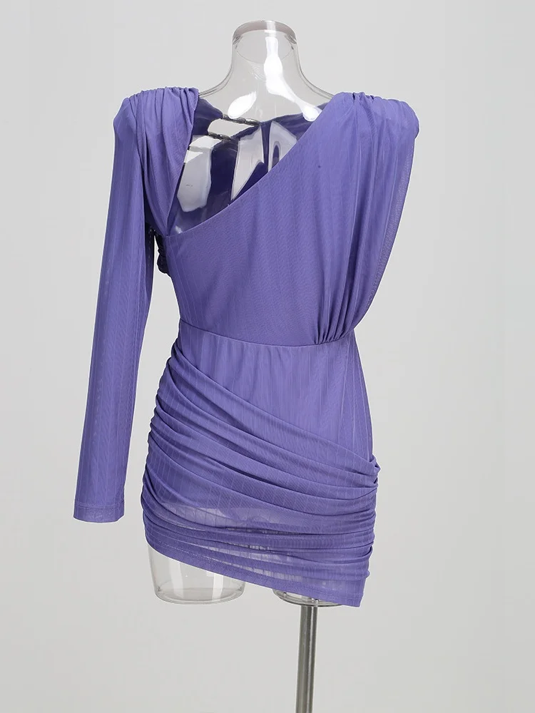 2025 Abito da donna sexy a maniche lunghe scollato increspato viola aderente con fasciatura elegante abito da sera da club