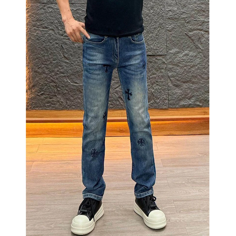 

Мужские джинсы прямого кроя Slim Fit из денима с вышивкой и принтом в виде креста, класса люкс, повседневные, городские, модные, со средней посадкой, весна 2026