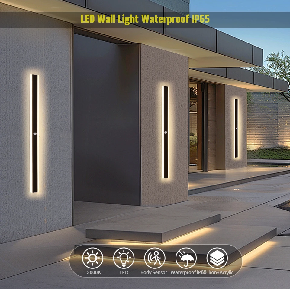 Outdoor Wall Light With Motion Sensor 90v 240v IP65 Waterproof Porch Lamp LED Long Garden Lamp for Villa Garage Lighting Fixture