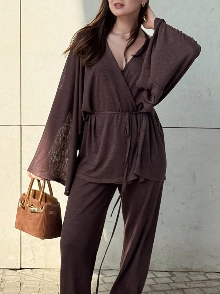 

Женский топ и брюки с v-образным вырезом и длинными рукавами, комплект из двух предметов, повседневная свободная одежда для сна, осенне-зимний мягкий удобный домашний костюм