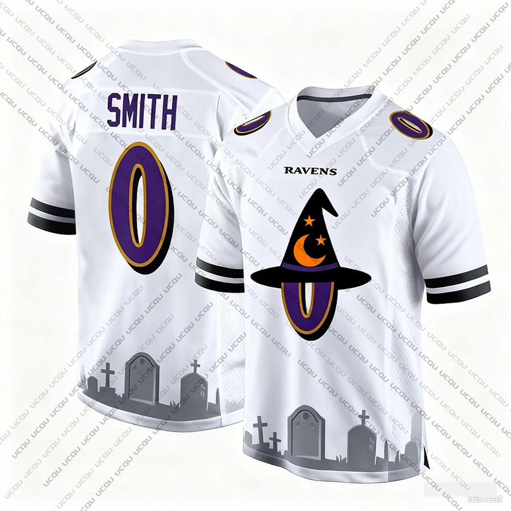 2025 هالوين الكبار الجاموس كرة القدم الأمريكية جيرسي الرجبي جيرسي ملابس رياضية التدريب جيرسي تي شيرت الغربان OWEH 99 رقم