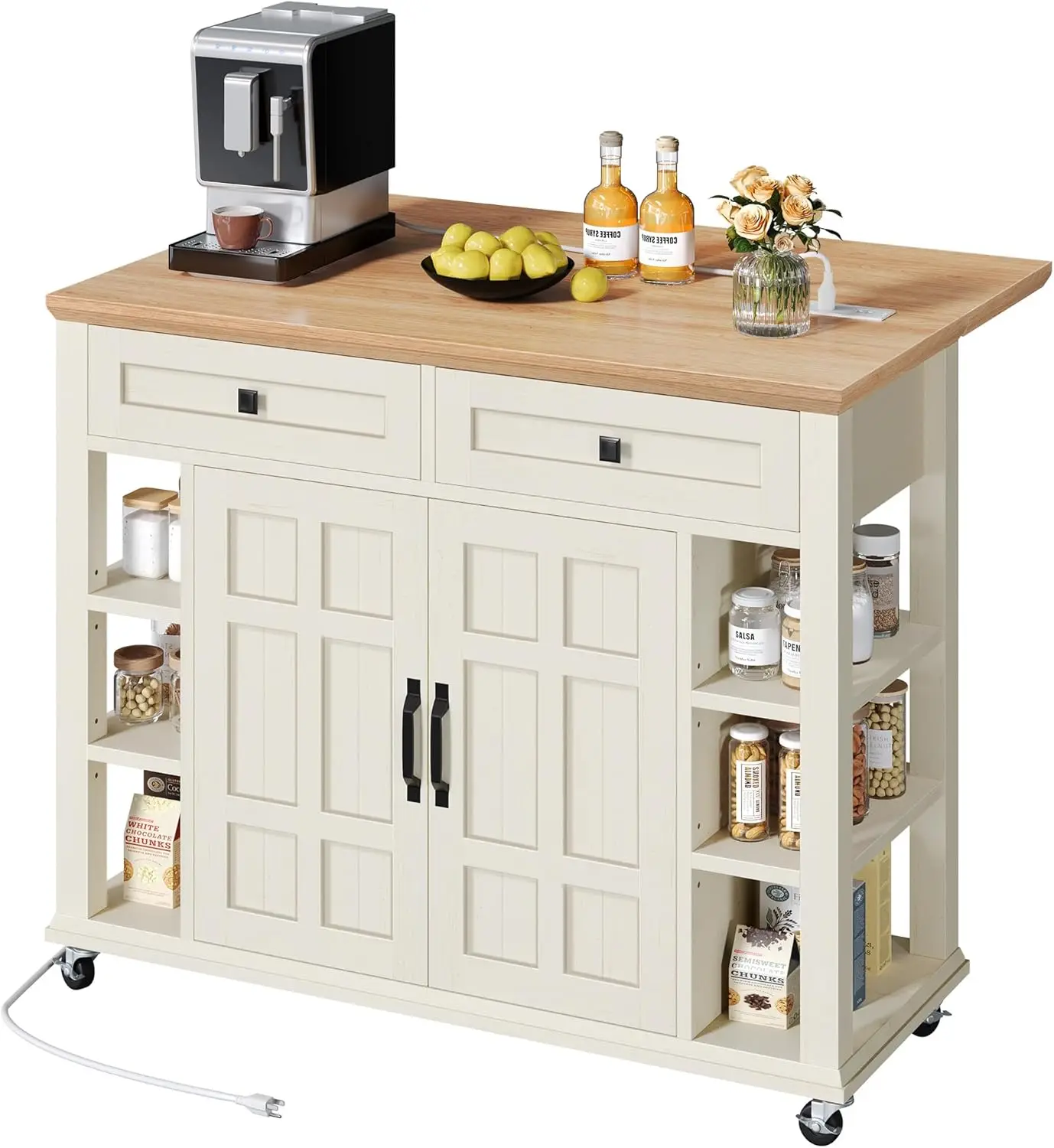 

YITAHOME Kitchen Island with Drop Leaf & Power Outlet, Rolling Kitchen Cart on Wheels, Americana Kitchen Island Cabinet with