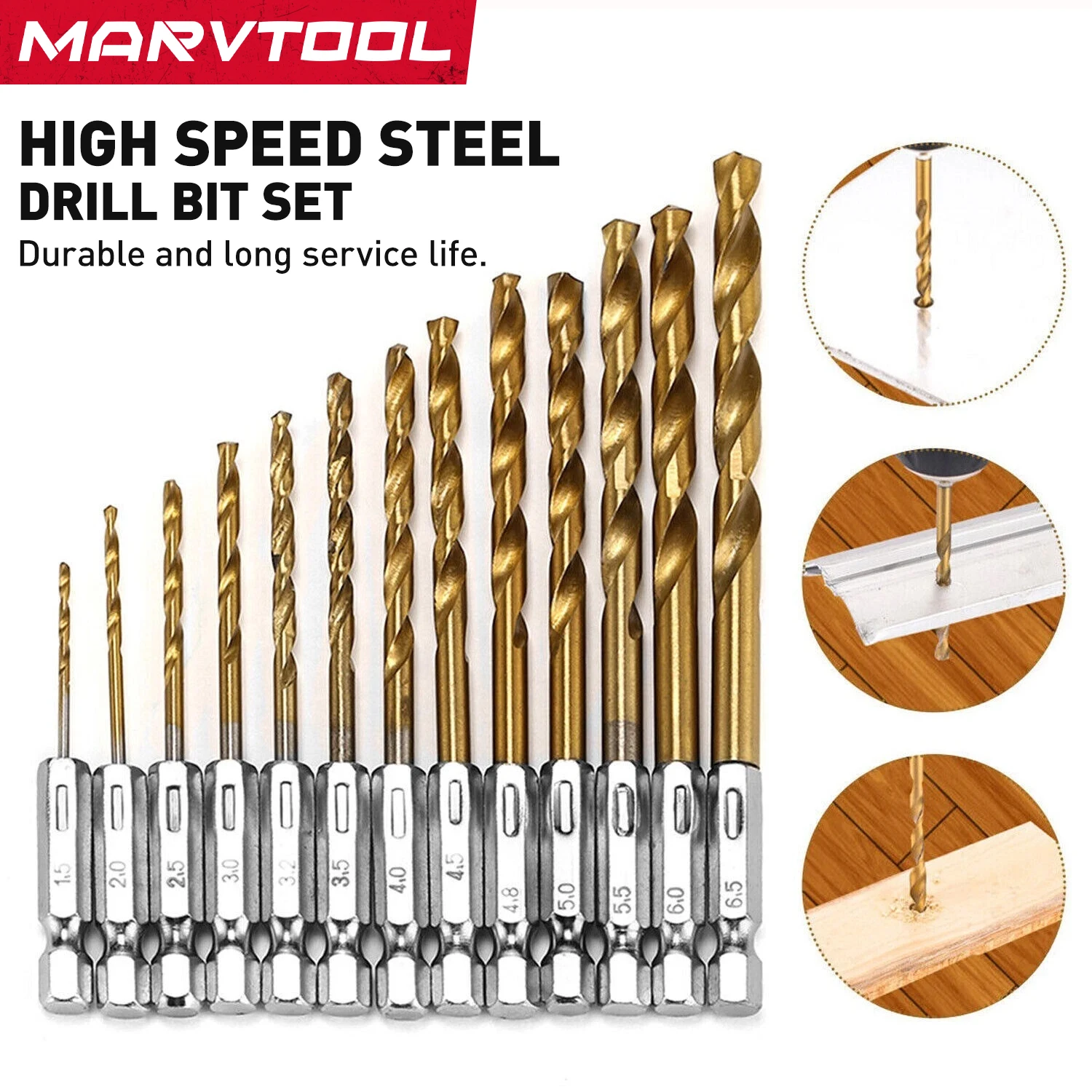 

Набор сверл Marvtool из 13 титановых HSS-сверл с шестигранным хвостовиком 1/4 дюйма для точного сверления дерева, пластика, металла, алюминиевых сплавов