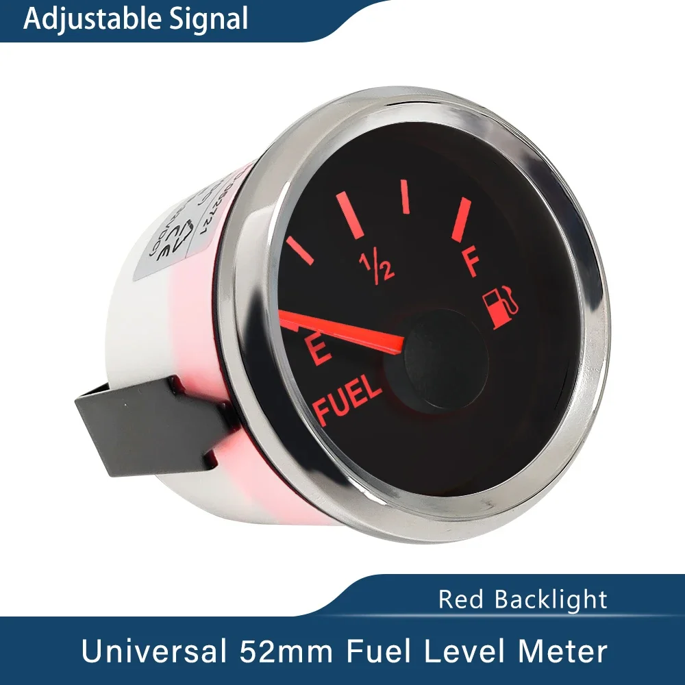 Waterproof 52mm Fuel Level Gauge Meter Adjustable Signal with Red Backlight for Car Boat Yacht Universal 12V 24V