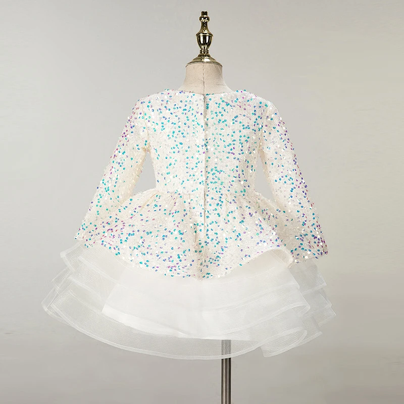 Robe de Soirée Courte en Velours Blanc et Rose pour Fille, Tenue Élégante de Luxe à Paillettes pour Enfant