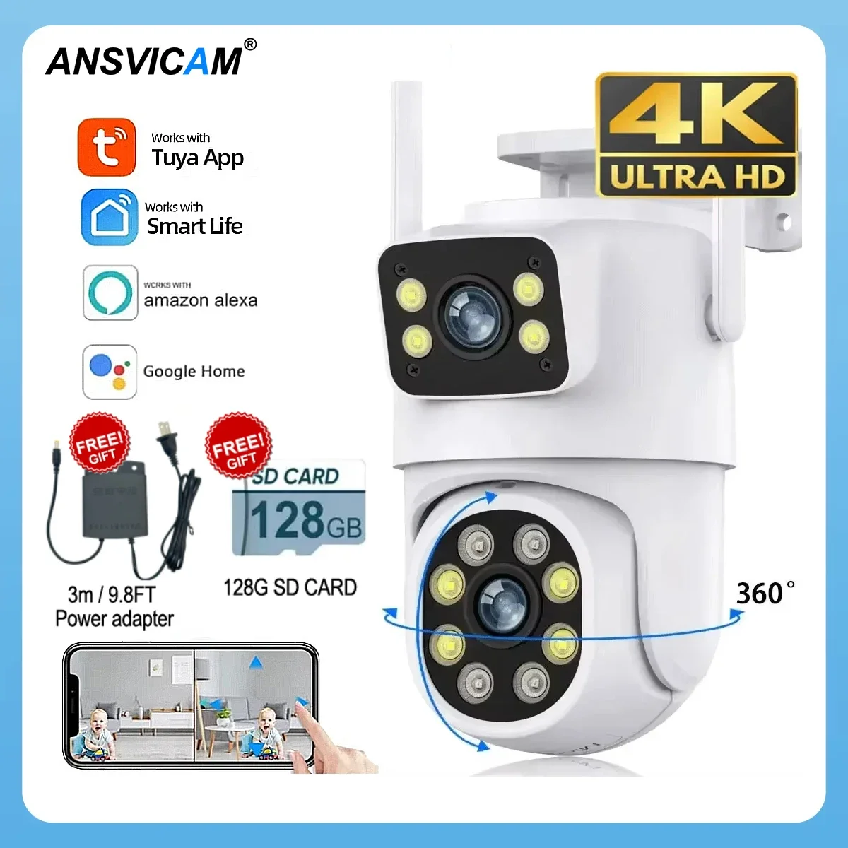 ANSVICAM 4K 8MP Tuya Dual Lens PTZ WIFI Camera Full HD Dual Screen Ai Human Auto Tracking Outdoor 4MP Security Video Camera