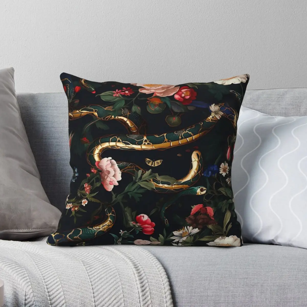 Green And Golden Snakes Square Pillowcase Polyester Linen Velvet Printed Zip Decorative Throw Pillow Case Sofa Cushion Cover 18