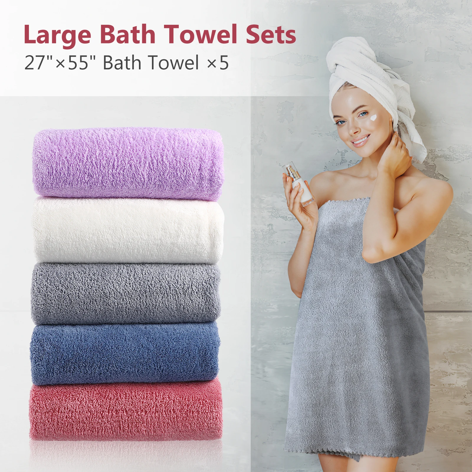 

5Pcs Solid Color Lace Bath Towels Soft Thick Water Absorption Large Bathroom Towels Set for Home Travel Spa Fitness