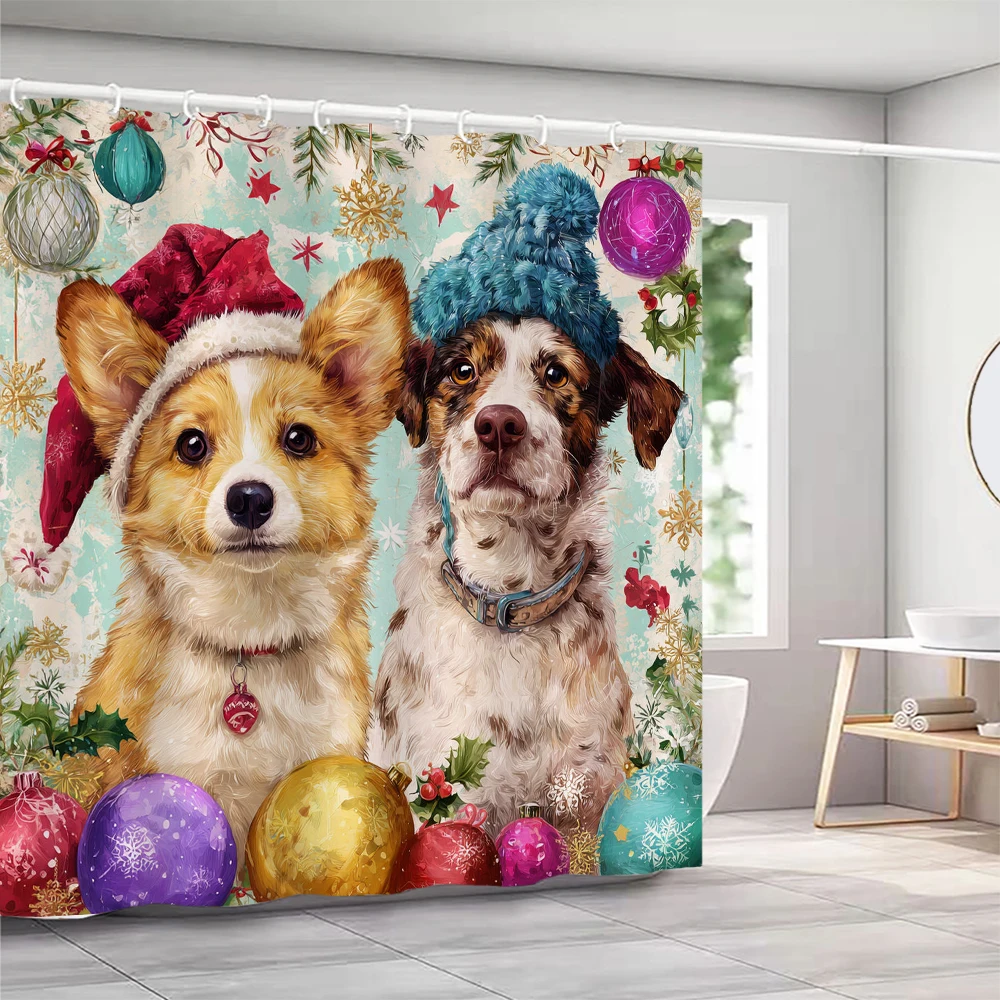 

Merry Christmas Shower Curtain, Bathroom Decorative cat and dog Christmas Shower Curtain, Waterproof Shower Curtain with Hooks