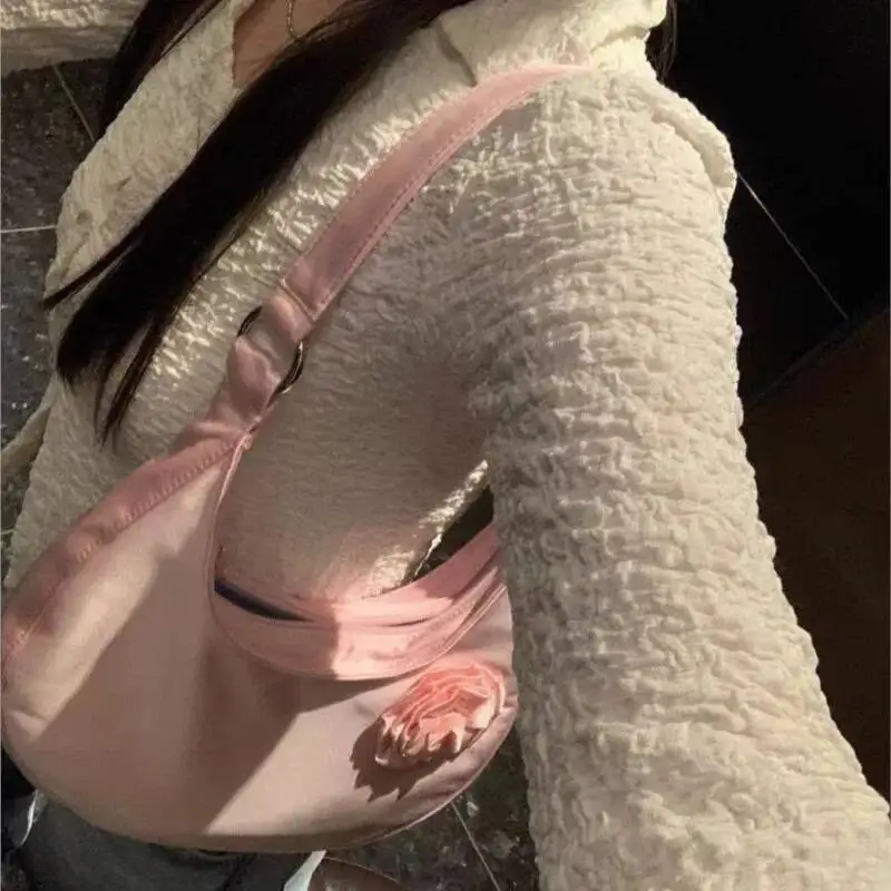 Bloom Fairy Core Y2k Women Hot Girls Silk Rose Blossoms Half Moon Shoulder Bags Handbag Female Blue Underarm Bag Purse