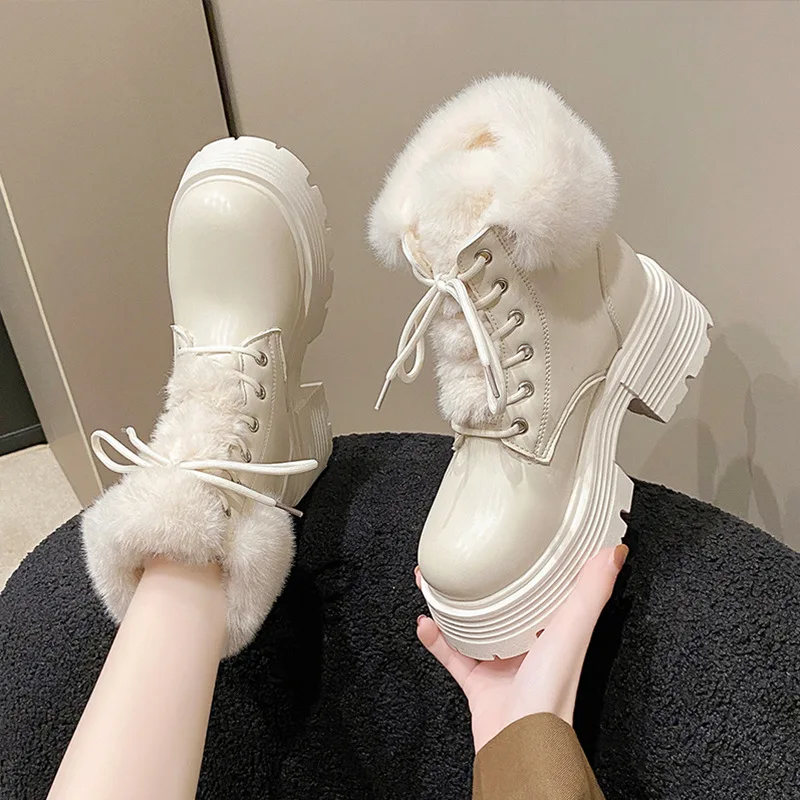 

Winter Short Plush Women Motorcycle Boots Elegant Platform Shoes Thick Bottom Lace Up Short Booties Plush PU Leather Boots