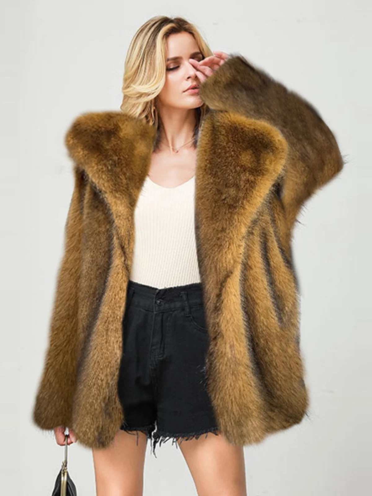 

Faionable Autumn Winter Long Warm Faux Fur Coat Sli Outerwear with Fur Collar Chinese Brand Commute Sle Long Sve