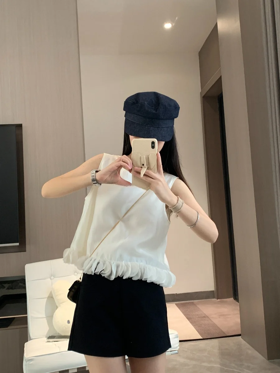 

Bling Bubble U-Neck Backless Hem Lace Trim Sleeveless Vest T-Shirt Women's Casual Fashion Summer Thin Polyester Fiber Top