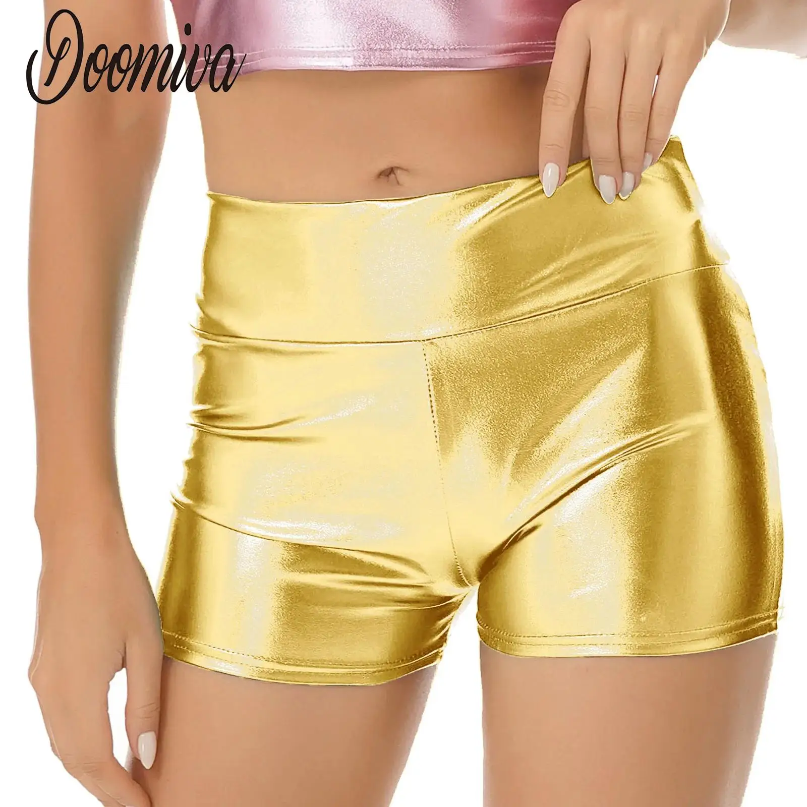 

Women's Metallic Hot Pants Shiny Shorts with High Waist Tight Fit Booty Shorts for Rave Pole Dance Sports Disco Costume Carnival