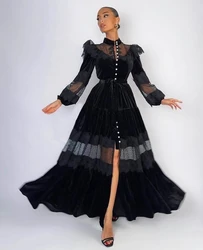Black Velvet Patchwork Elegant Dress Women Long Sleeve Evening Party Dresses Bodycon Button Streetwear Hollow Out Vestidos