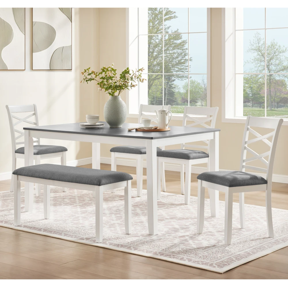 

6-Piece Modern Wood Dining Set with Bench, 6-Person, Dining/Kitchen, Grey & White Two Tone