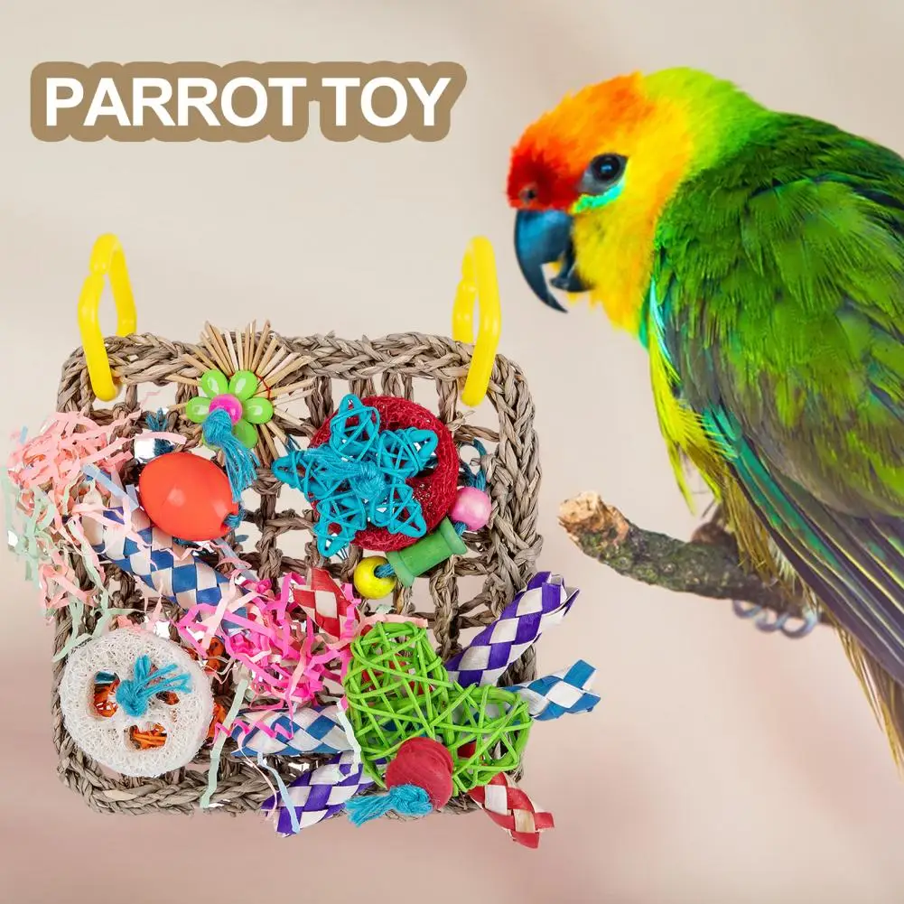 Bird Parrot Toy Natural Grass Tubes Bird Chewing Toy Parrot Cage Bite Molar Toy Parrot Cage Colorful Hanging Decoration